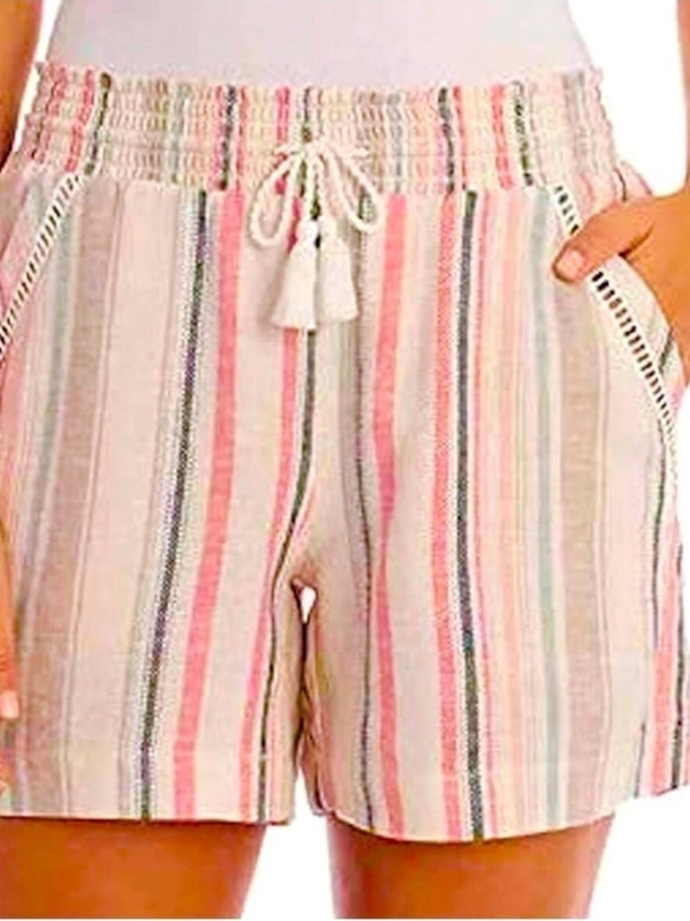 Briggs NY Women’s Linen Blend Pull-On Striped Shorts Pink Multi Tassel Size L
